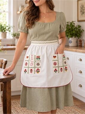 Vintage Embroidered Half Apron White Linen Floral Butterfly Pockets